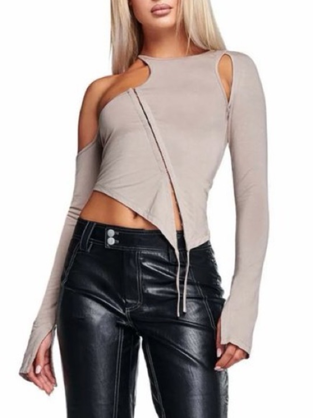 I.AM.GIA Asymmetric Cut-Out Long Sleeve Top in Taupe